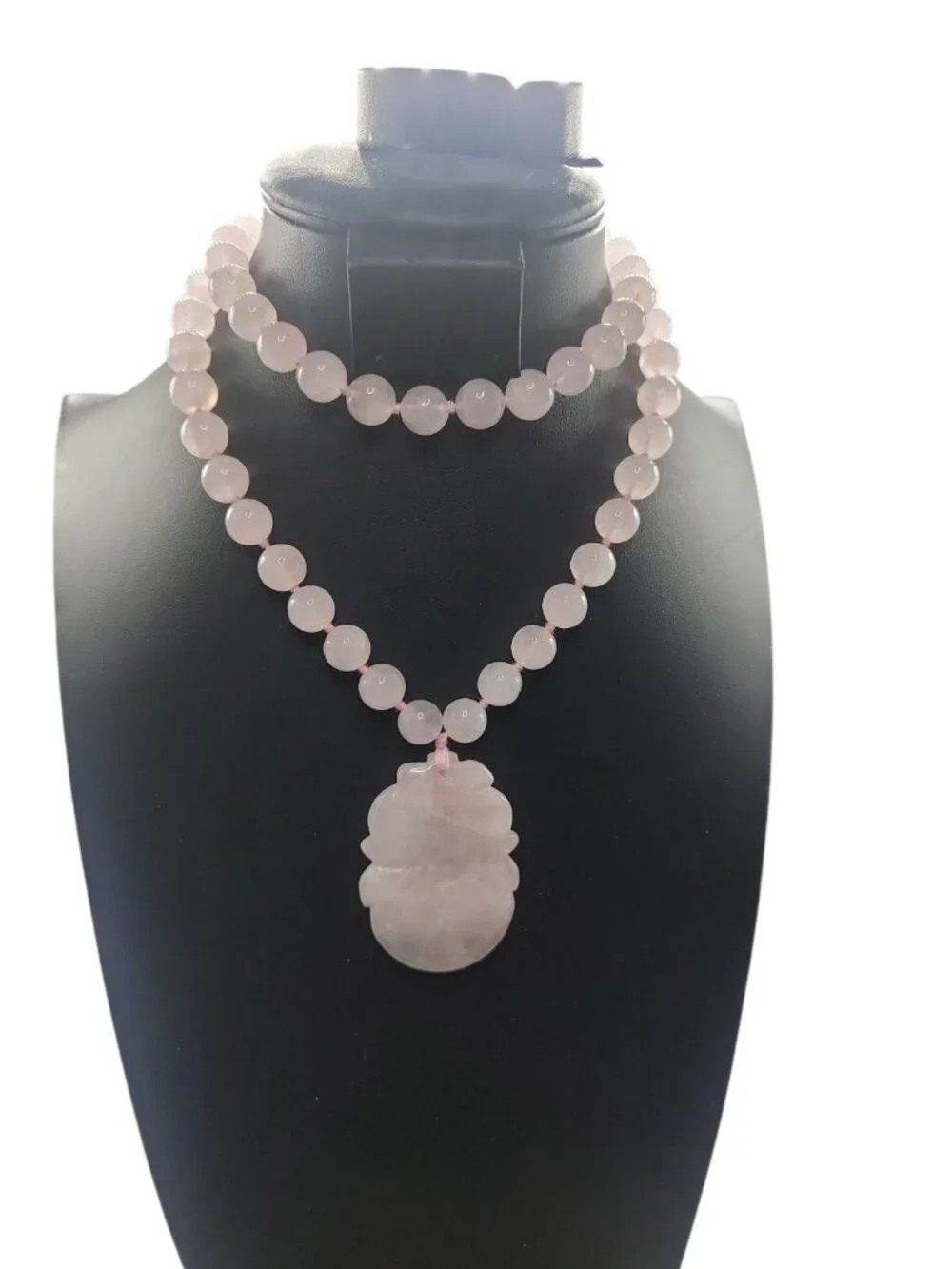 Chinese Rose Quartz Hand Knotted Mala Lotus Design Necklace 28